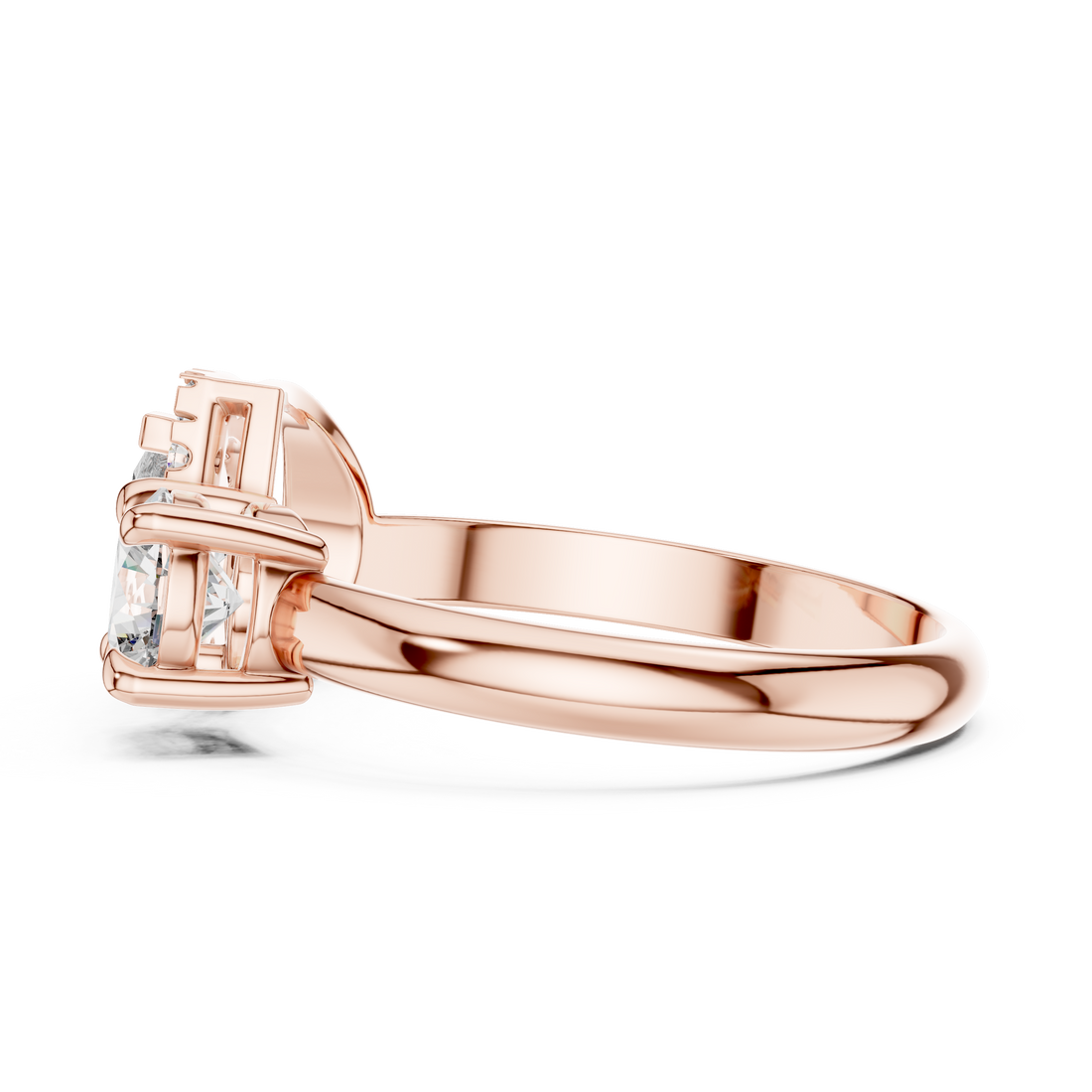 Rose gold ring with a diamond on a white background
