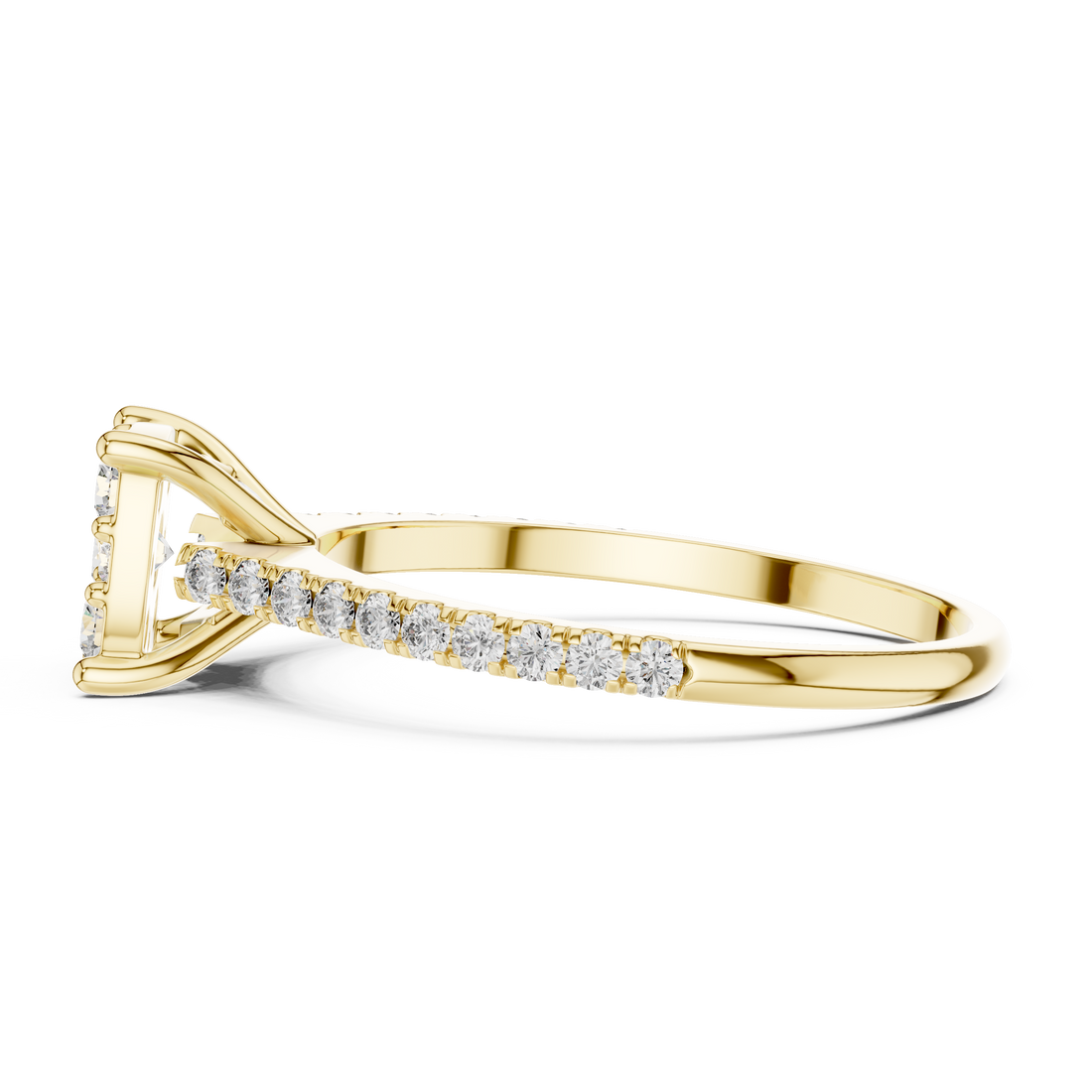 Gold ring with diamond accents on a white background