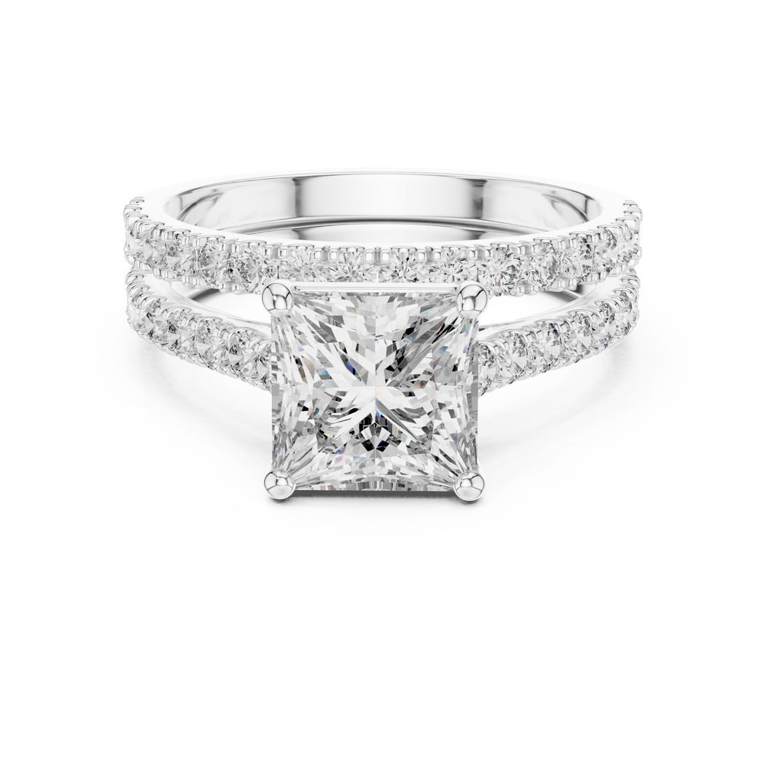 Diamond ring with a prominent central gemstone on a white background