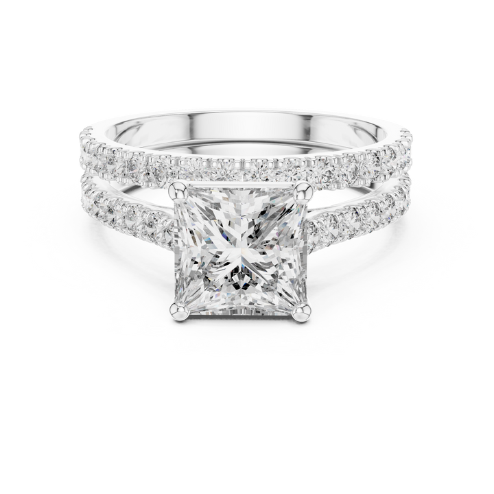 Diamond ring with a prominent central gemstone on a white background