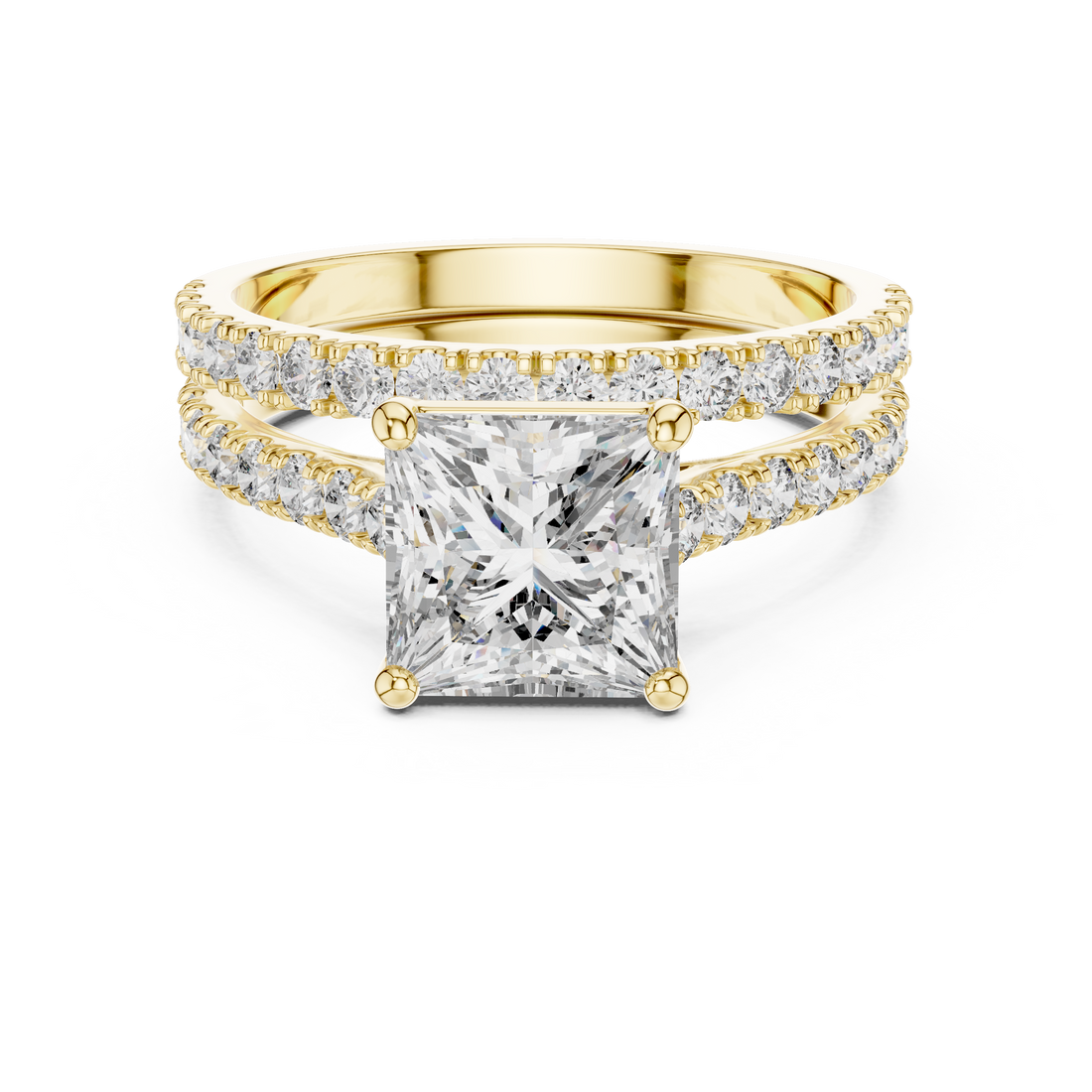 Gold ring with a large diamond and smaller diamonds on the band against a white background