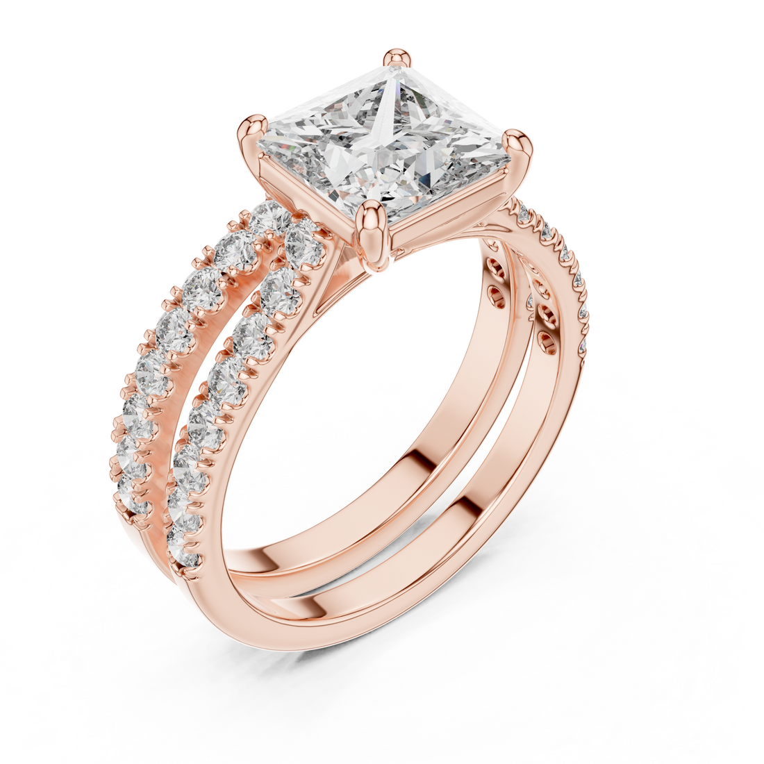 Rose gold ring with a large diamond and smaller diamonds on the band against a white background