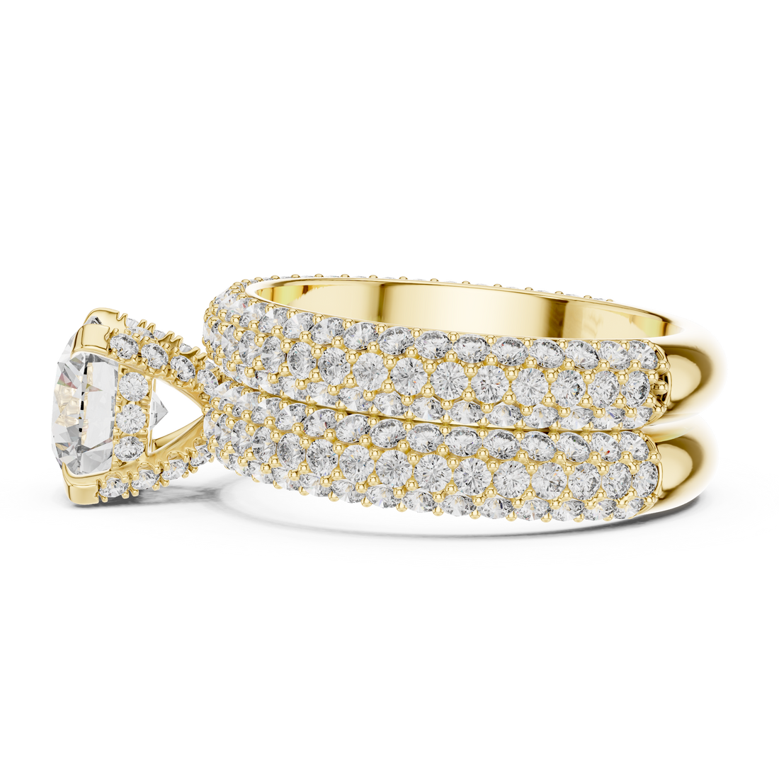 Gold ring with diamond accents on a white background