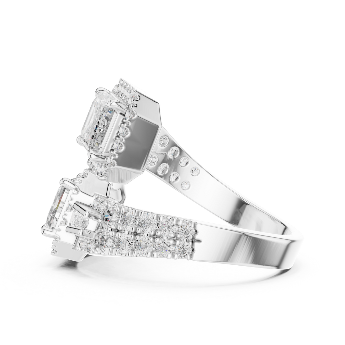 Two diamond rings stacked on a white background
