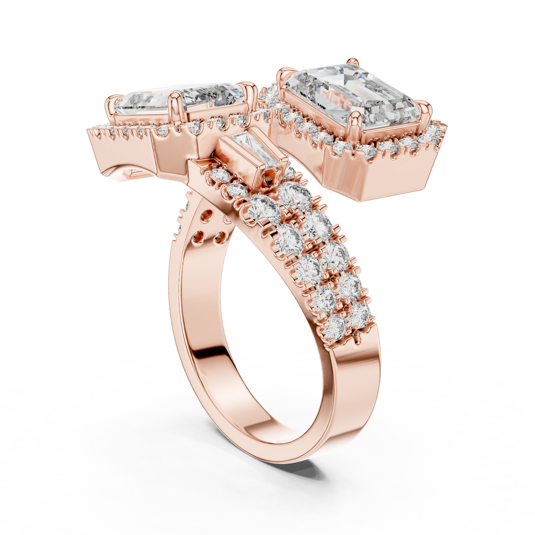 Rose gold ring with diamond accents on a white background