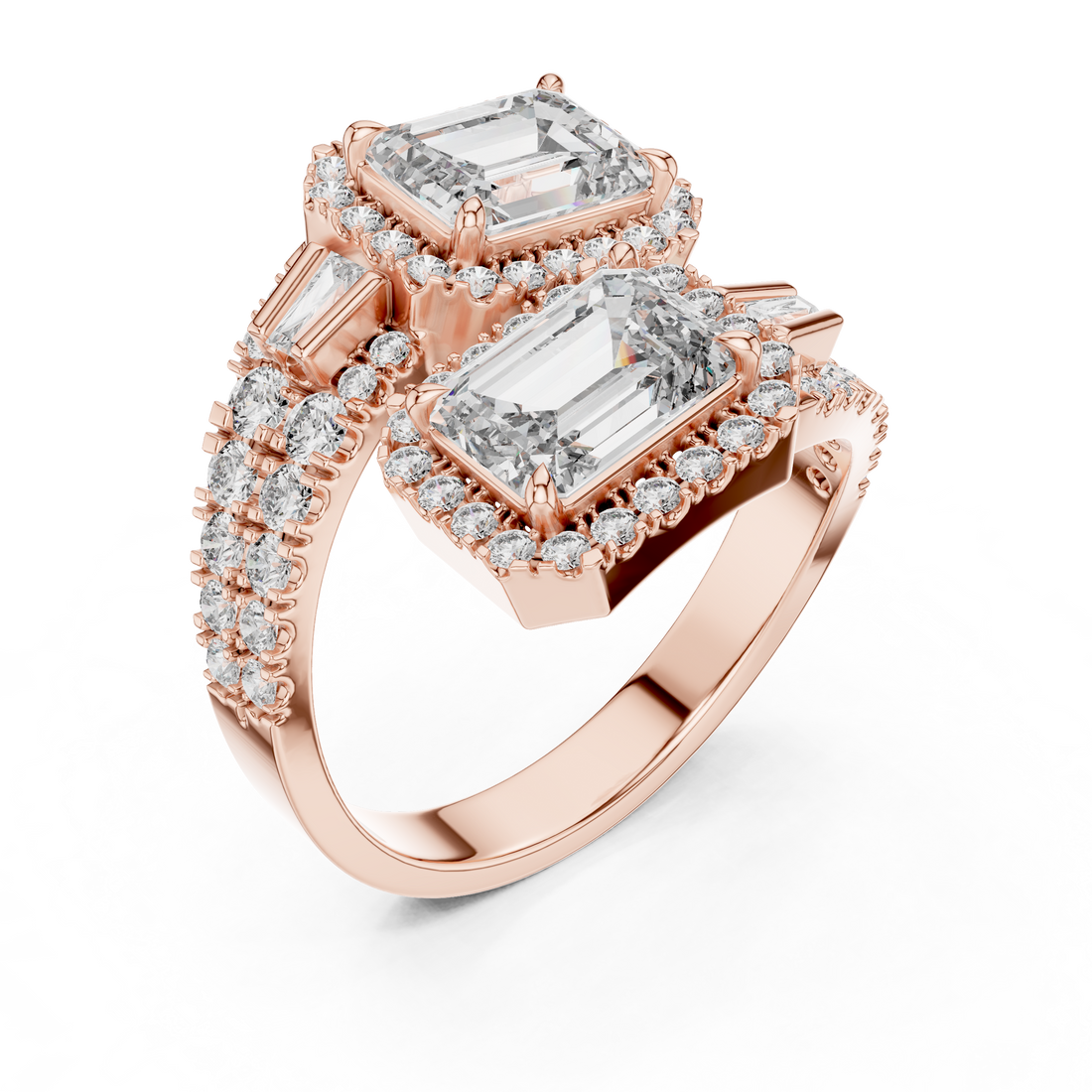 Rose gold ring with emerald-cut diamonds on a white background