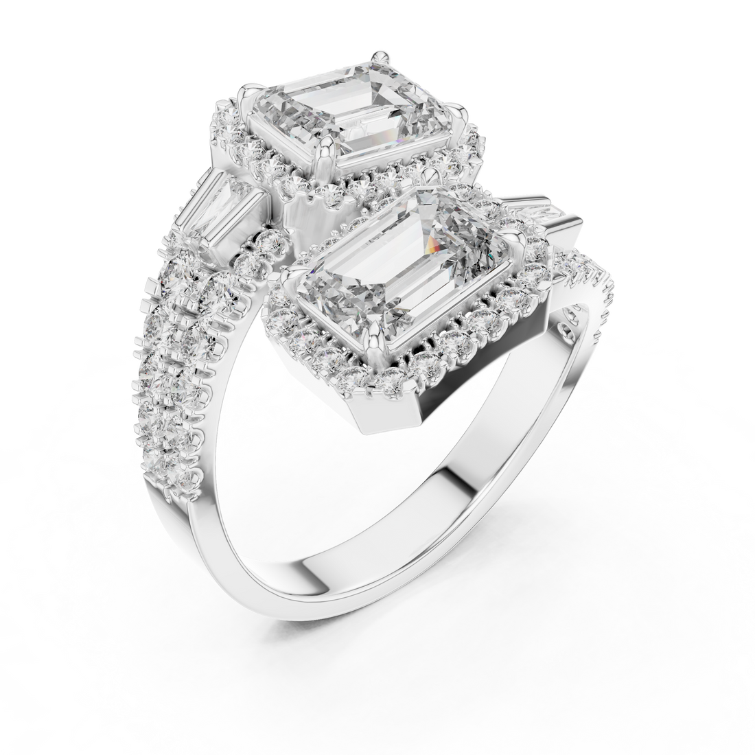 Diamond ring with emerald-cut center stone and baguette side stones on a white background