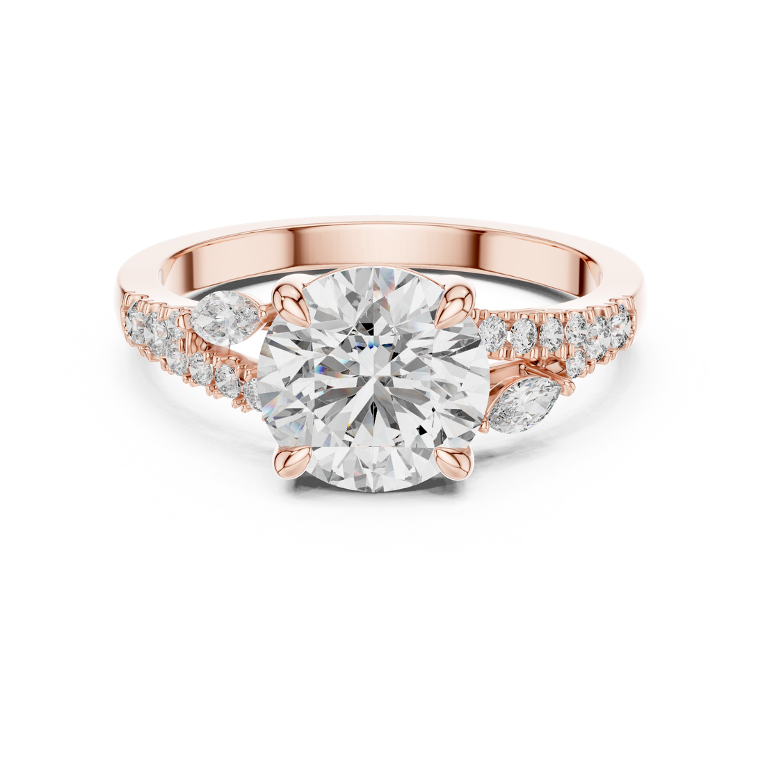 Rose gold ring with a large diamond and smaller diamonds on the sides against a white background