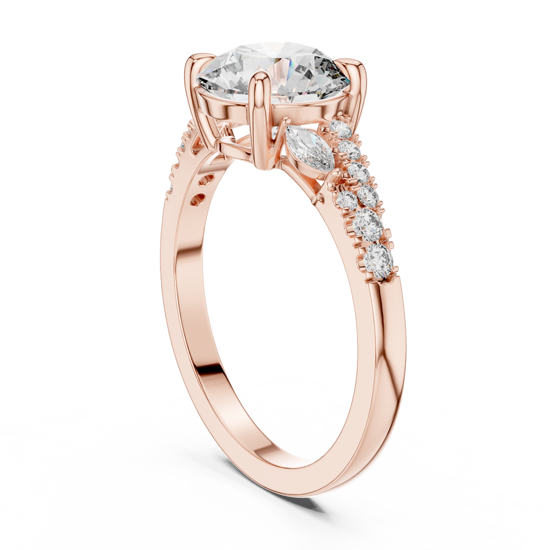 Rose gold ring with a large diamond and smaller stones on a white background