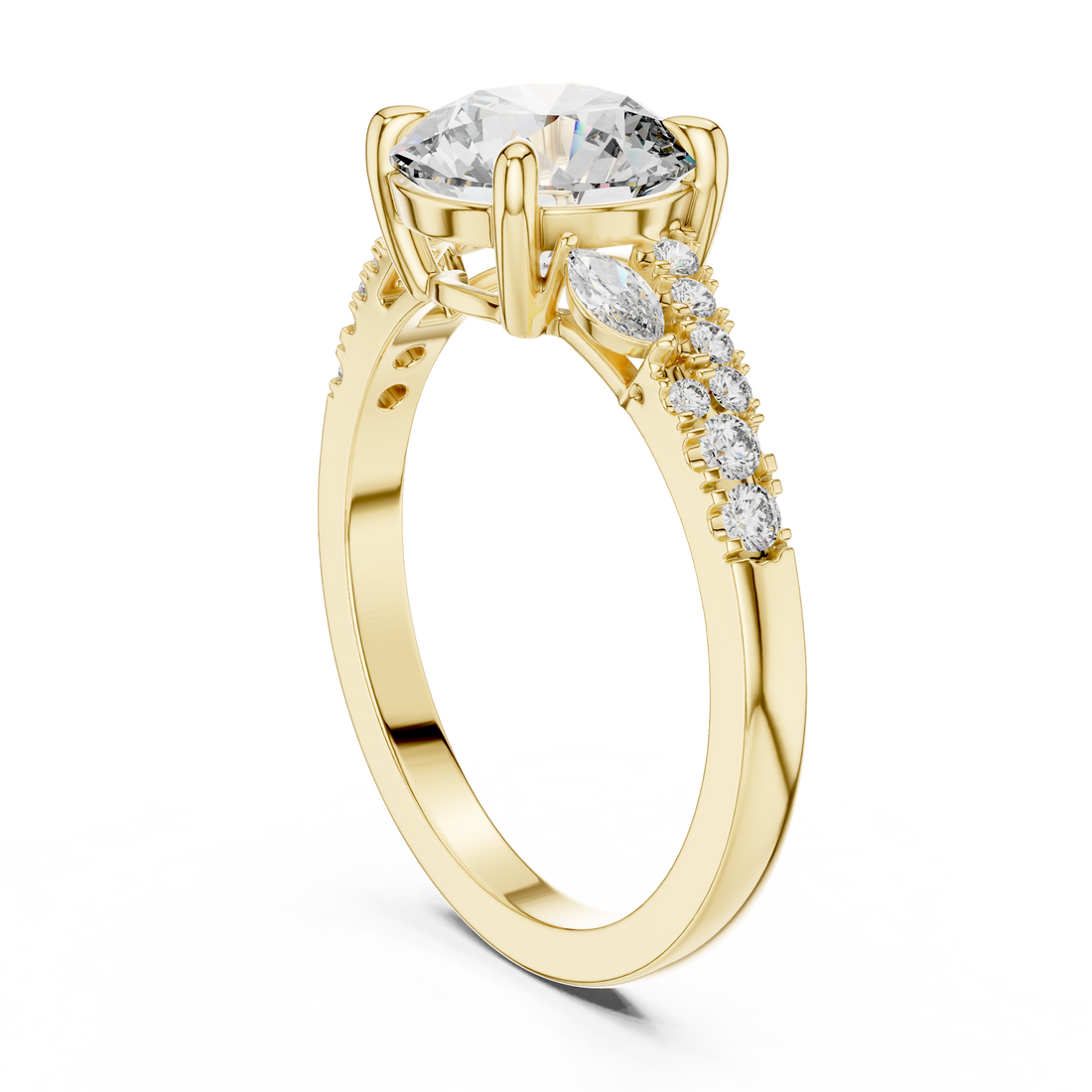 Gold ring with a large diamond and smaller diamonds on a white background