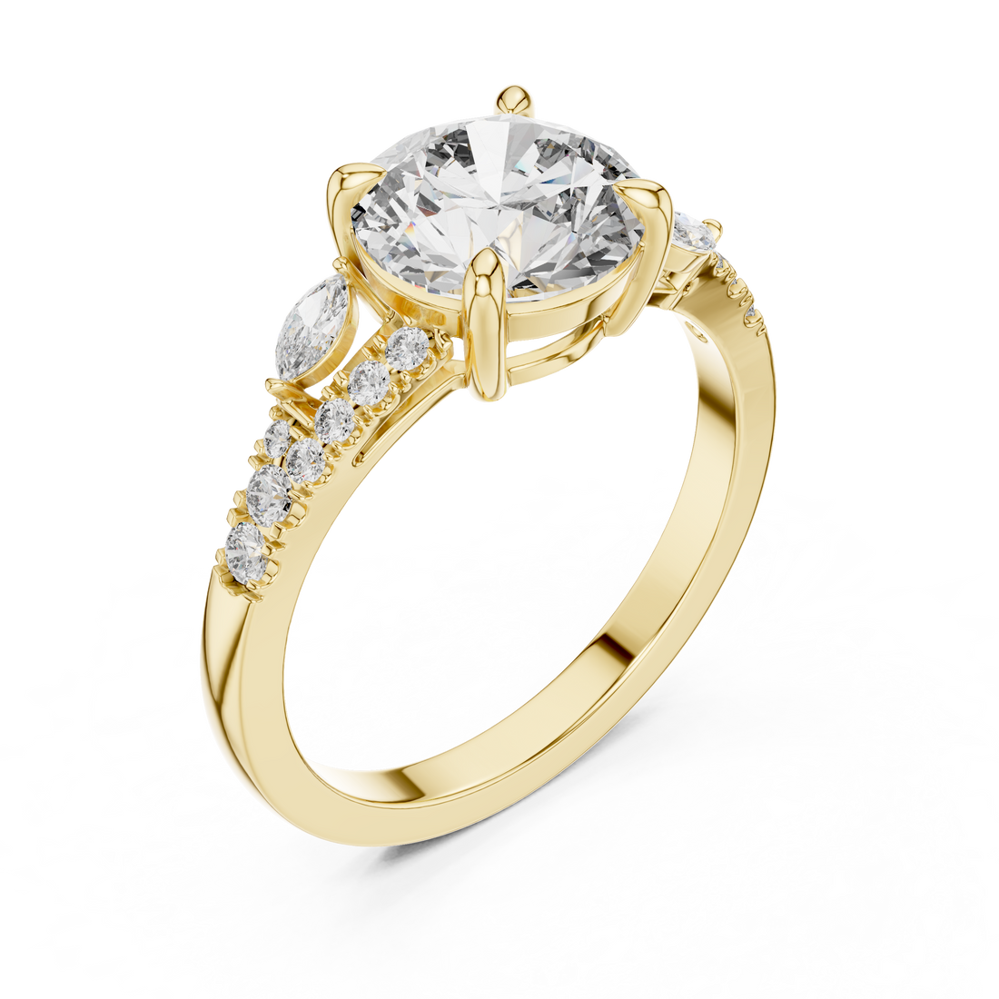Gold ring with a large diamond and smaller diamonds on the band against a white background