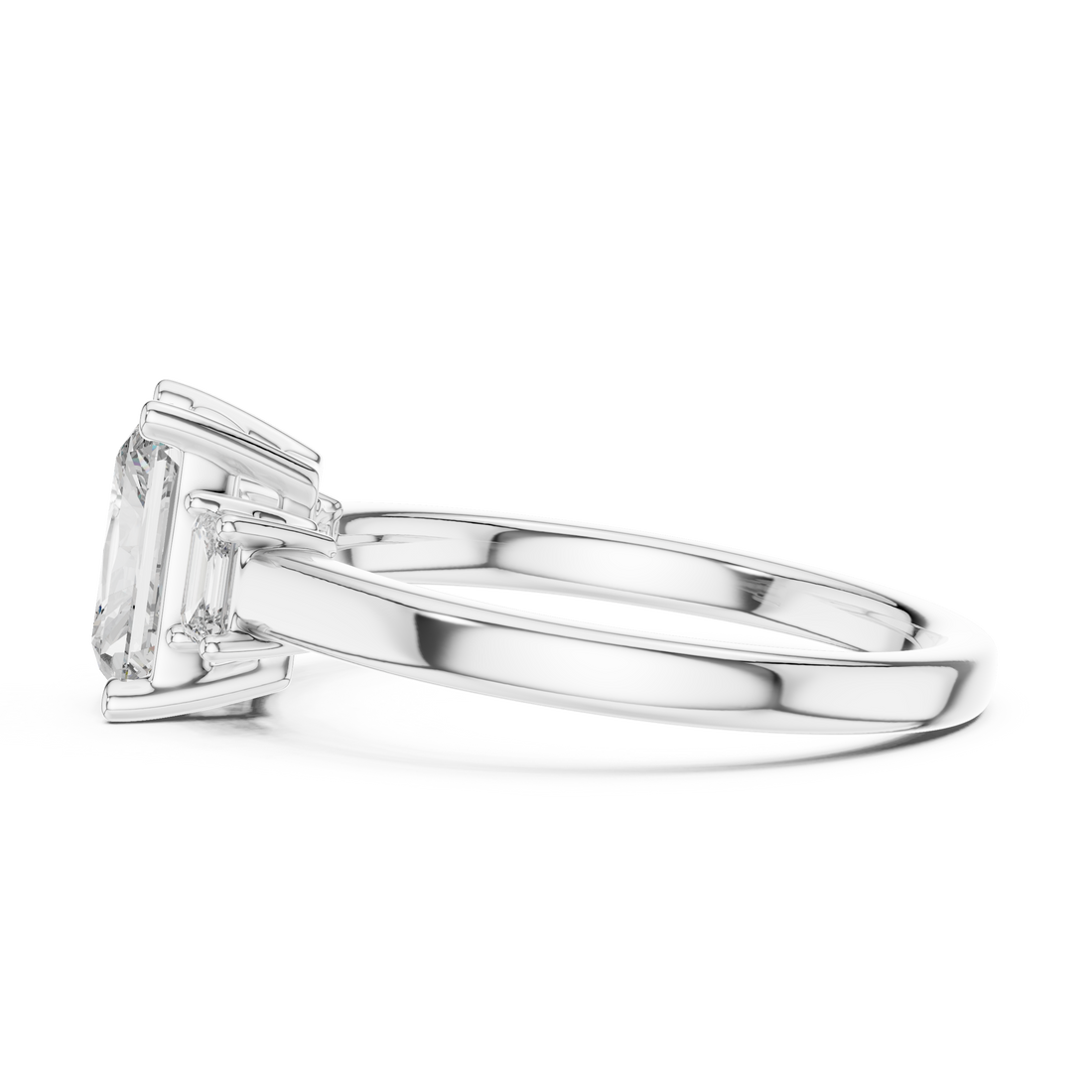 Silver ring with a large diamond on a white background