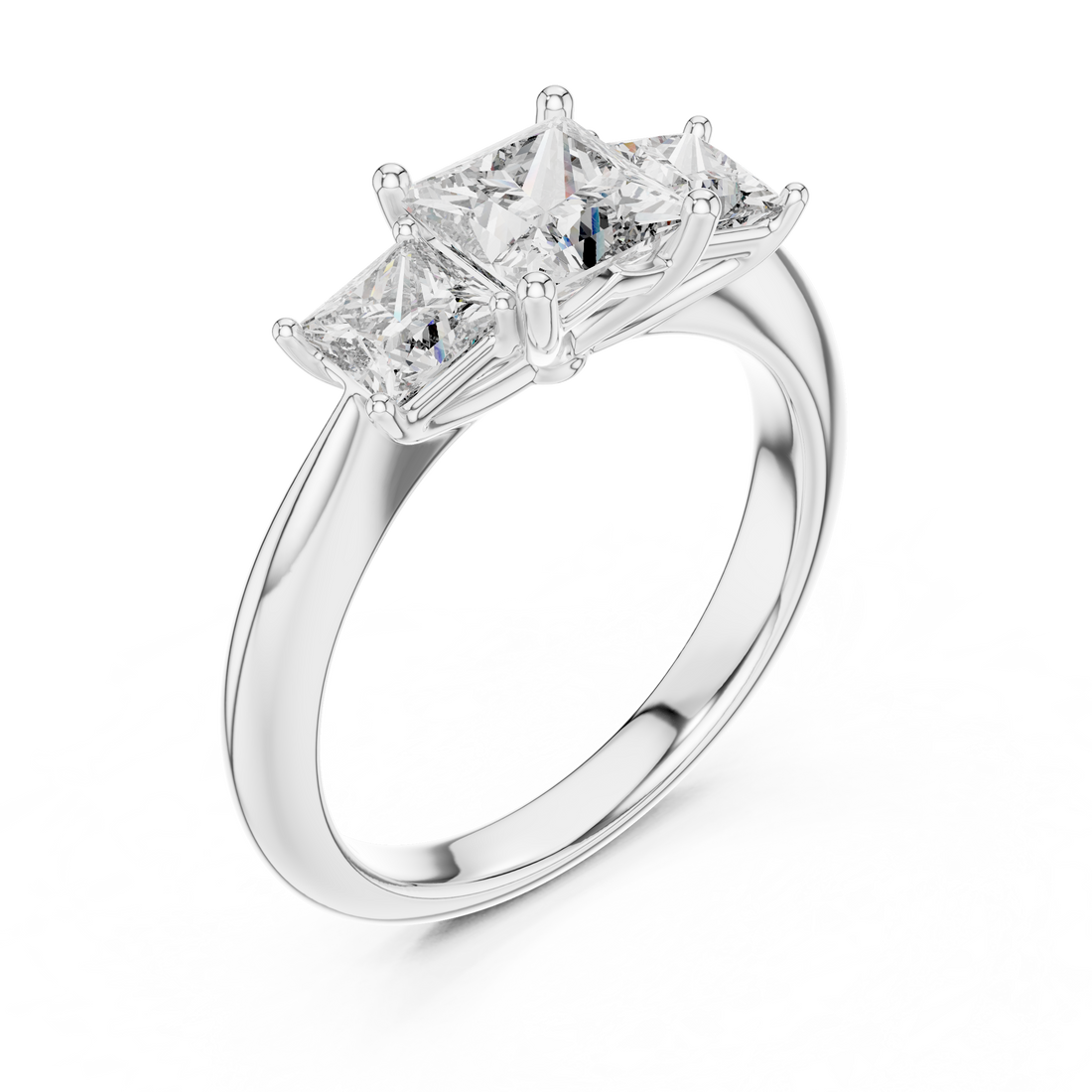 Diamond ring with three princess-cut diamonds on a white background