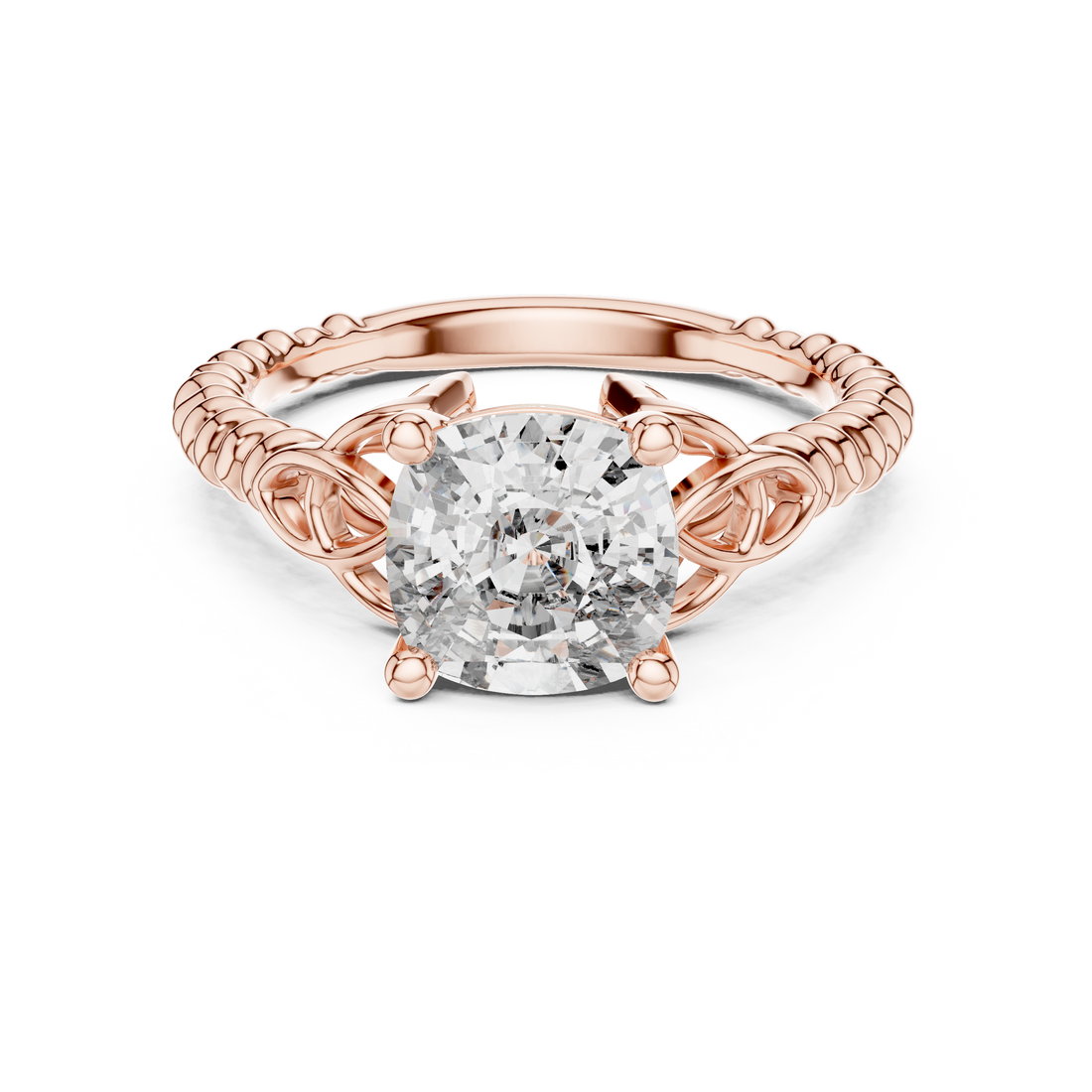 Rose gold ring with a large diamond on a white background