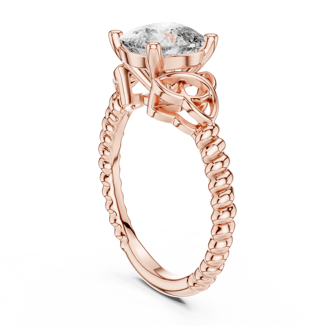 Rose gold ring with a large diamond on a white background