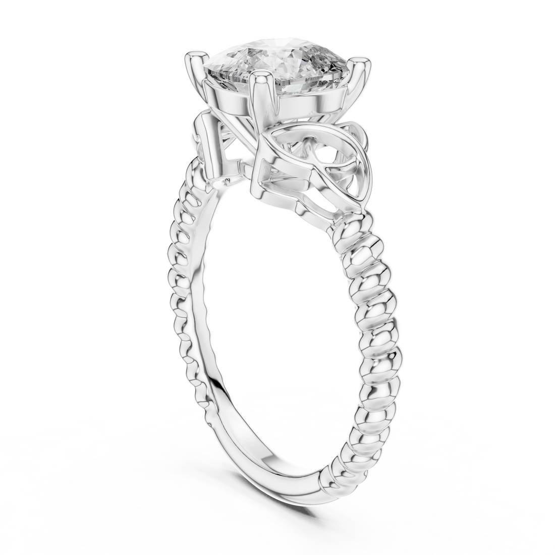 Silver ring with a large diamond on a white background