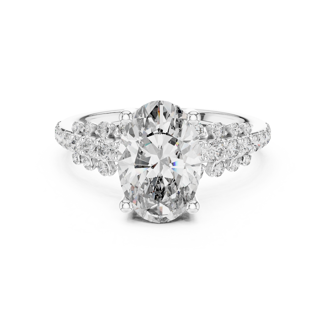 Diamond ring with a large central gemstone and smaller stones on a white background