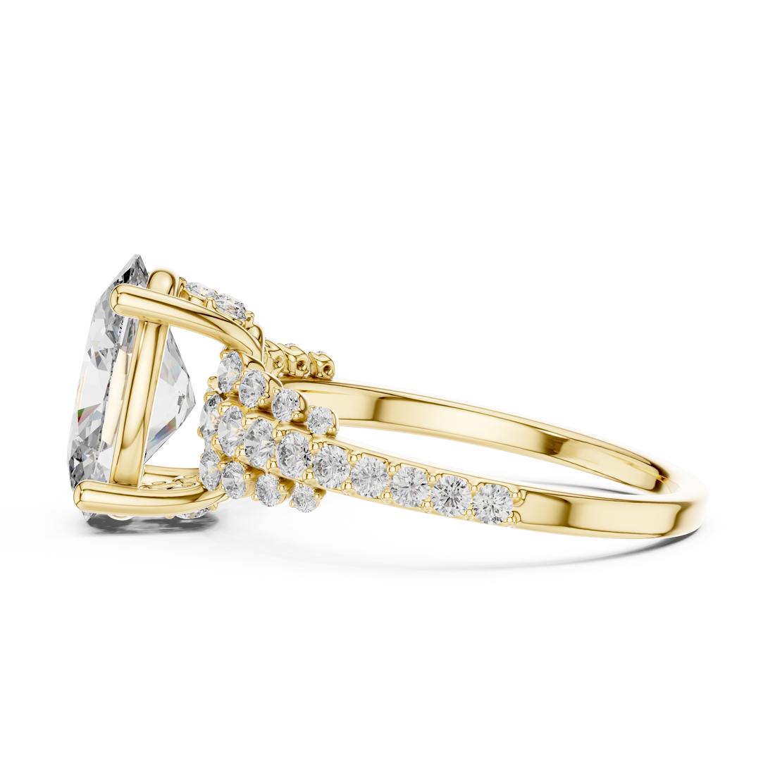 Gold ring with a large diamond and smaller diamonds on a white background