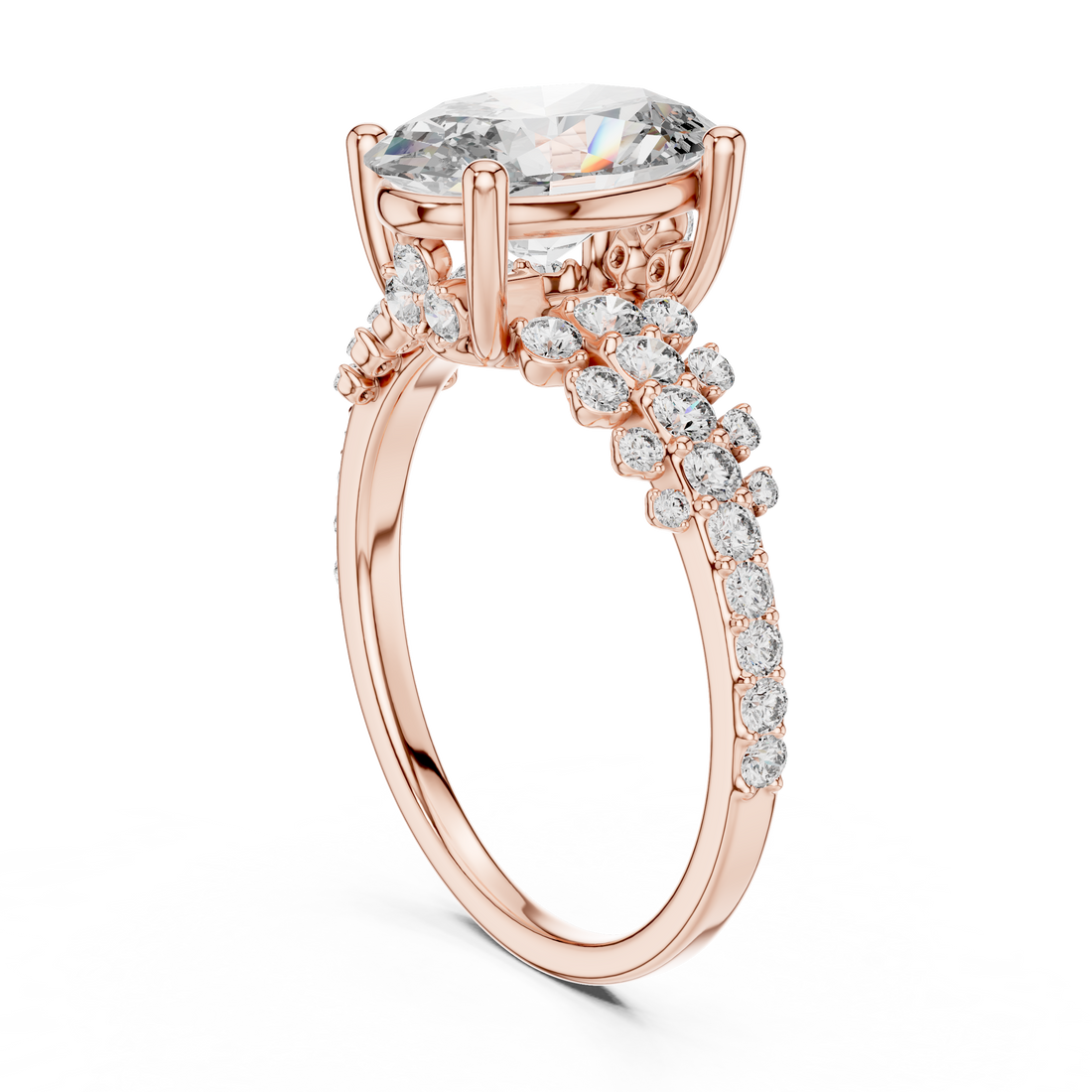 Rose gold ring with a large central gemstone and smaller diamonds on a white background