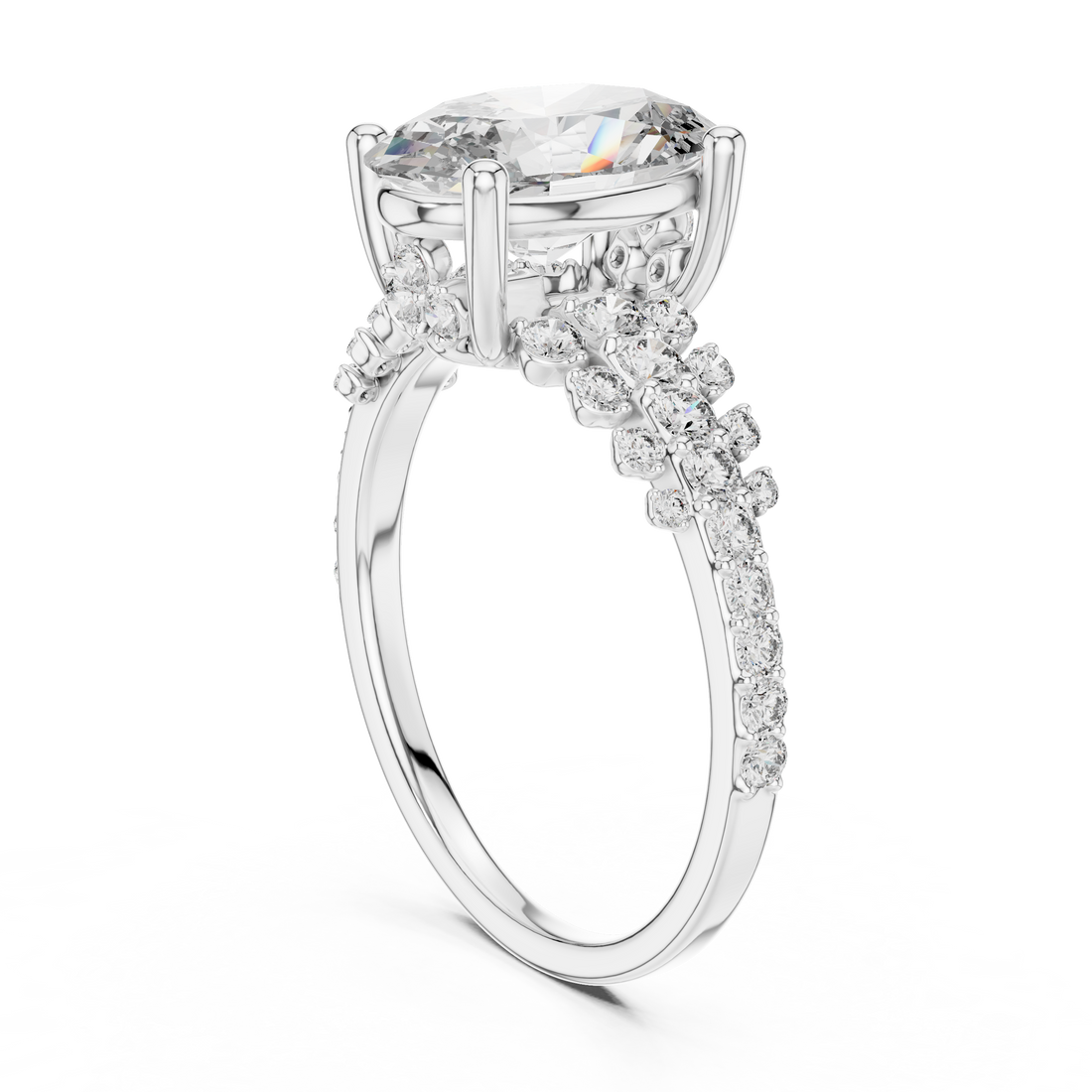 Elegant diamond ring with a large central gemstone and smaller stones on the band against a white background