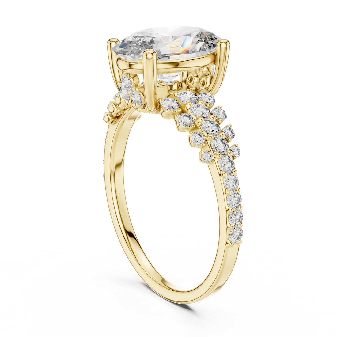 Gold ring with a large central diamond and smaller diamonds along the band on a white background