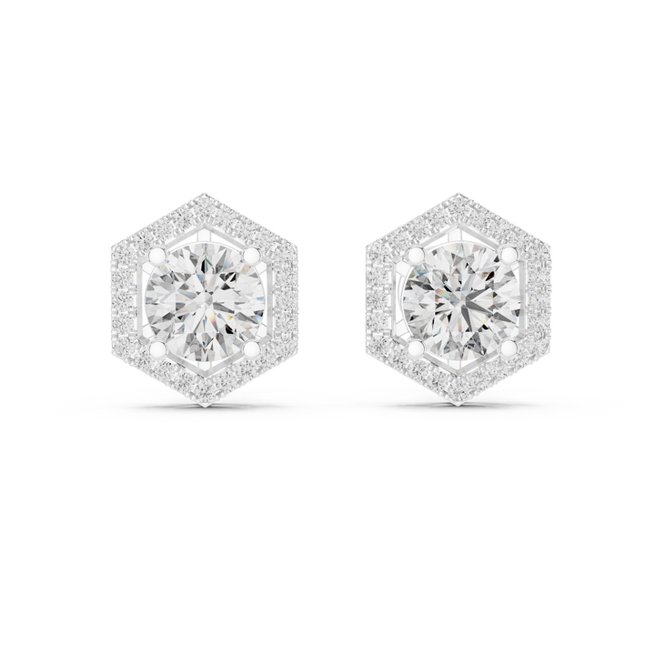Hexagonal diamond earrings on a white background