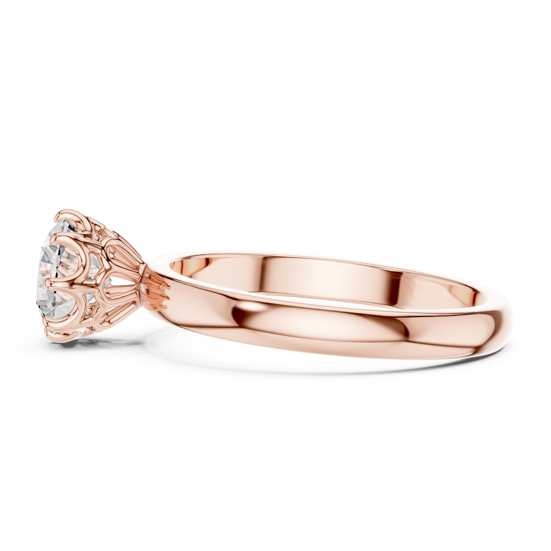 Rose gold ring with a diamond on a white background