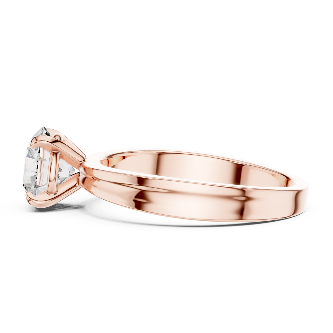 Rose gold ring with a diamond on a white background