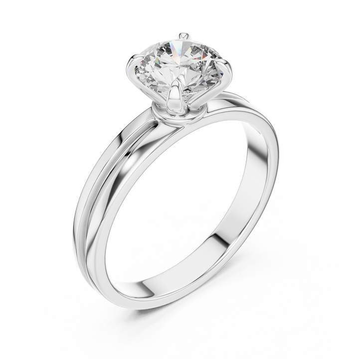 Silver ring with a large diamond on a white background