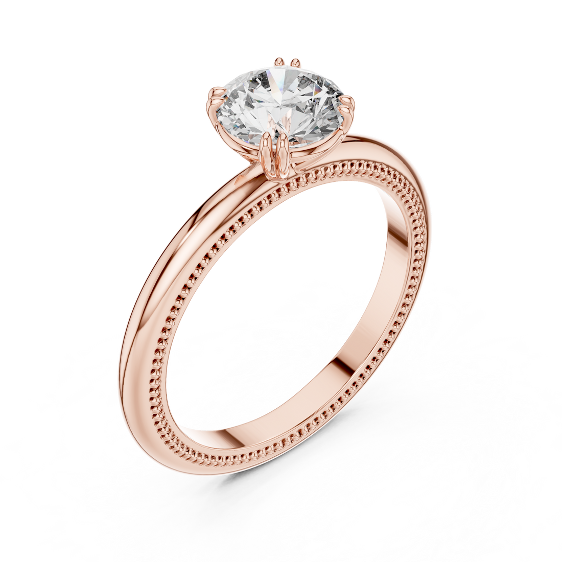 Rose gold ring with a diamond on a white background