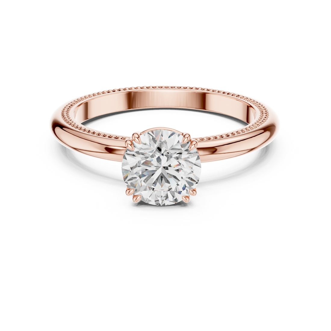 Rose gold ring with a diamond on a white background