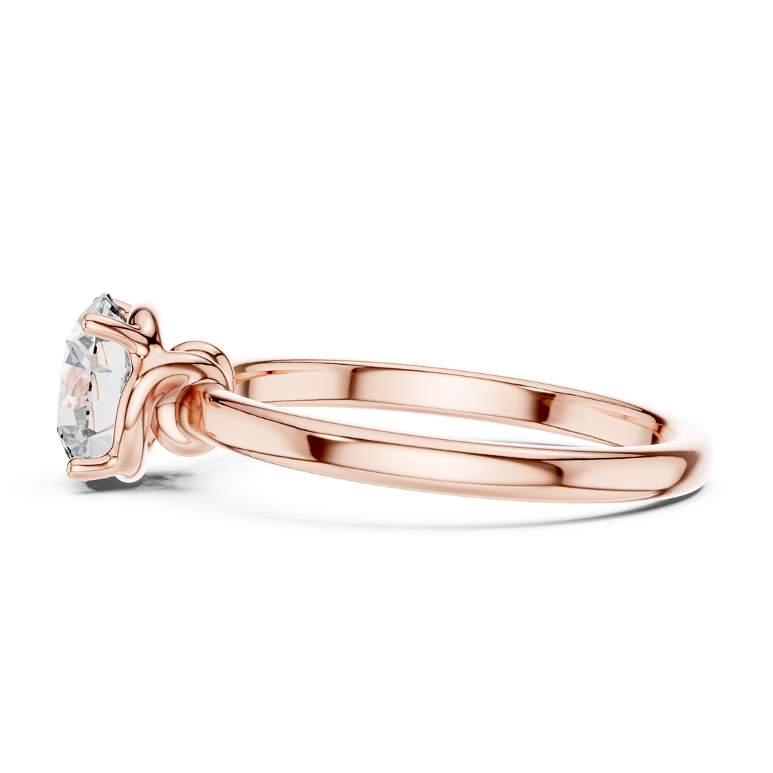 Rose gold ring with a diamond on a white background