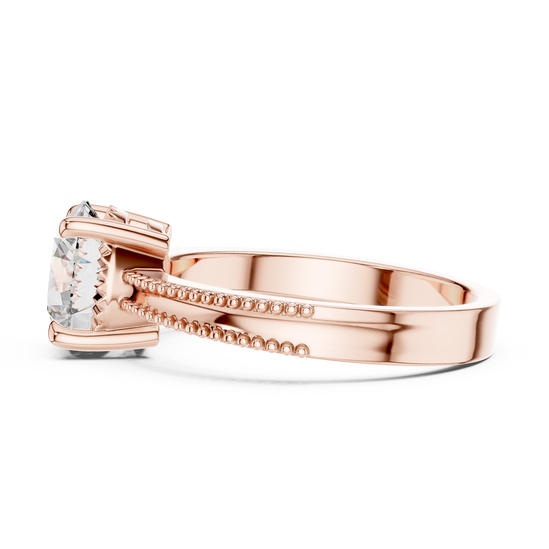 Rose gold ring with a diamond on a white background