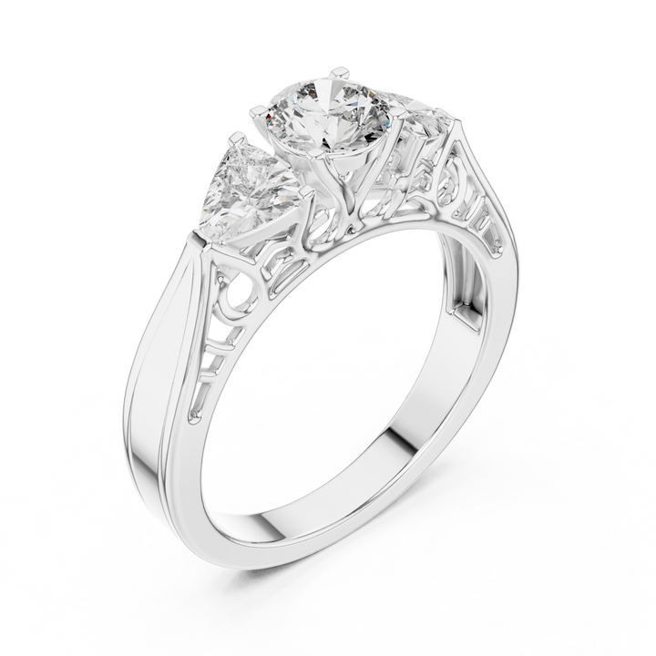 Diamond ring with a central diamond and smaller diamonds on a white background