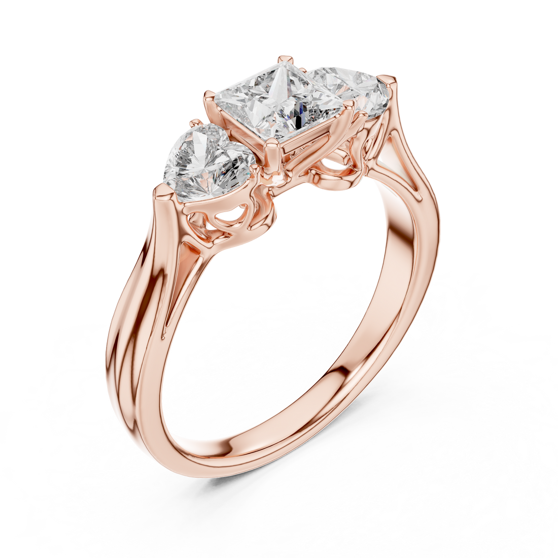 Rose gold ring with two prominent diamonds on a white background