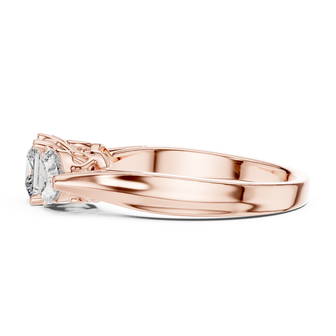 Rose gold ring with a diamond on a white background