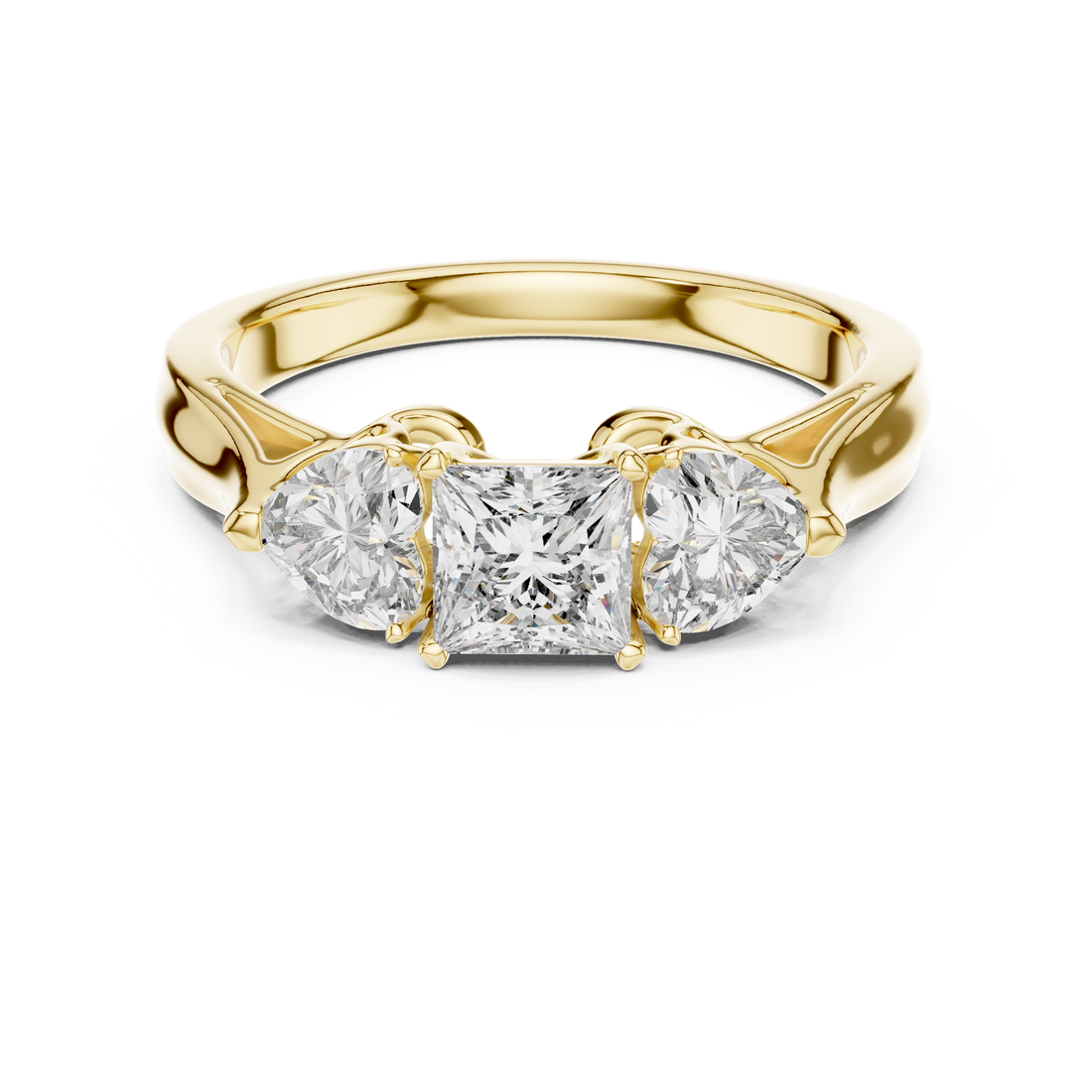 Gold ring with three diamonds on a white background