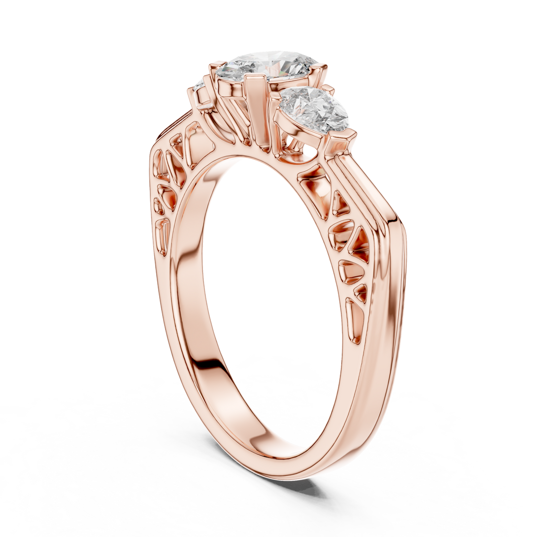 Rose gold ring with three diamonds on a white background
