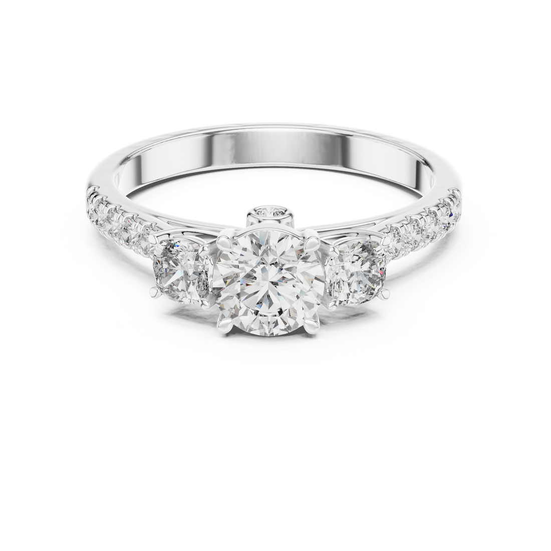 Diamond ring with a white gold band on a white background