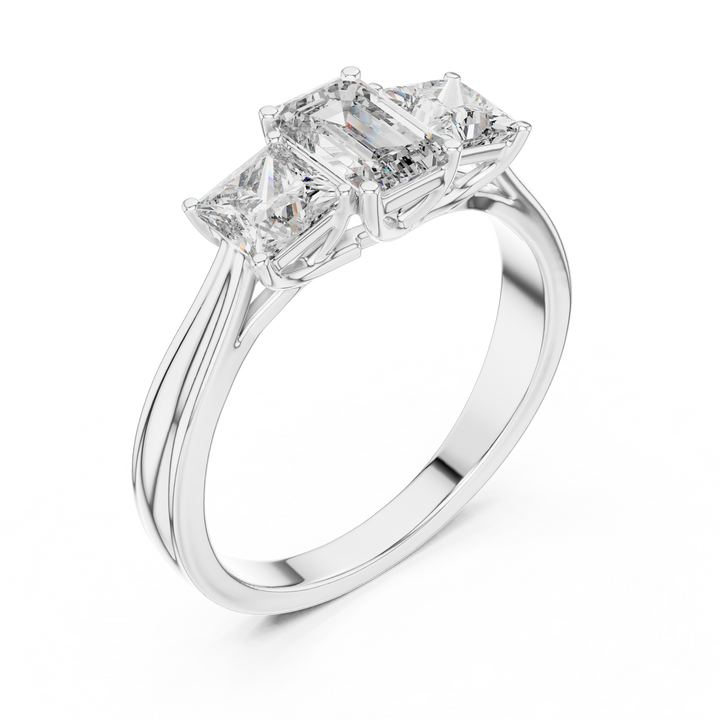 Diamond ring with three princess-cut diamonds on a white background