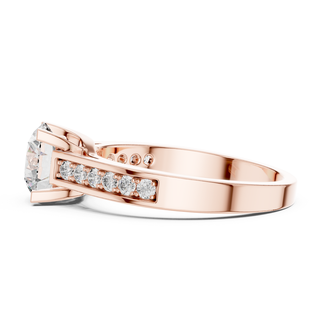Rose gold ring with diamond accents on a white background