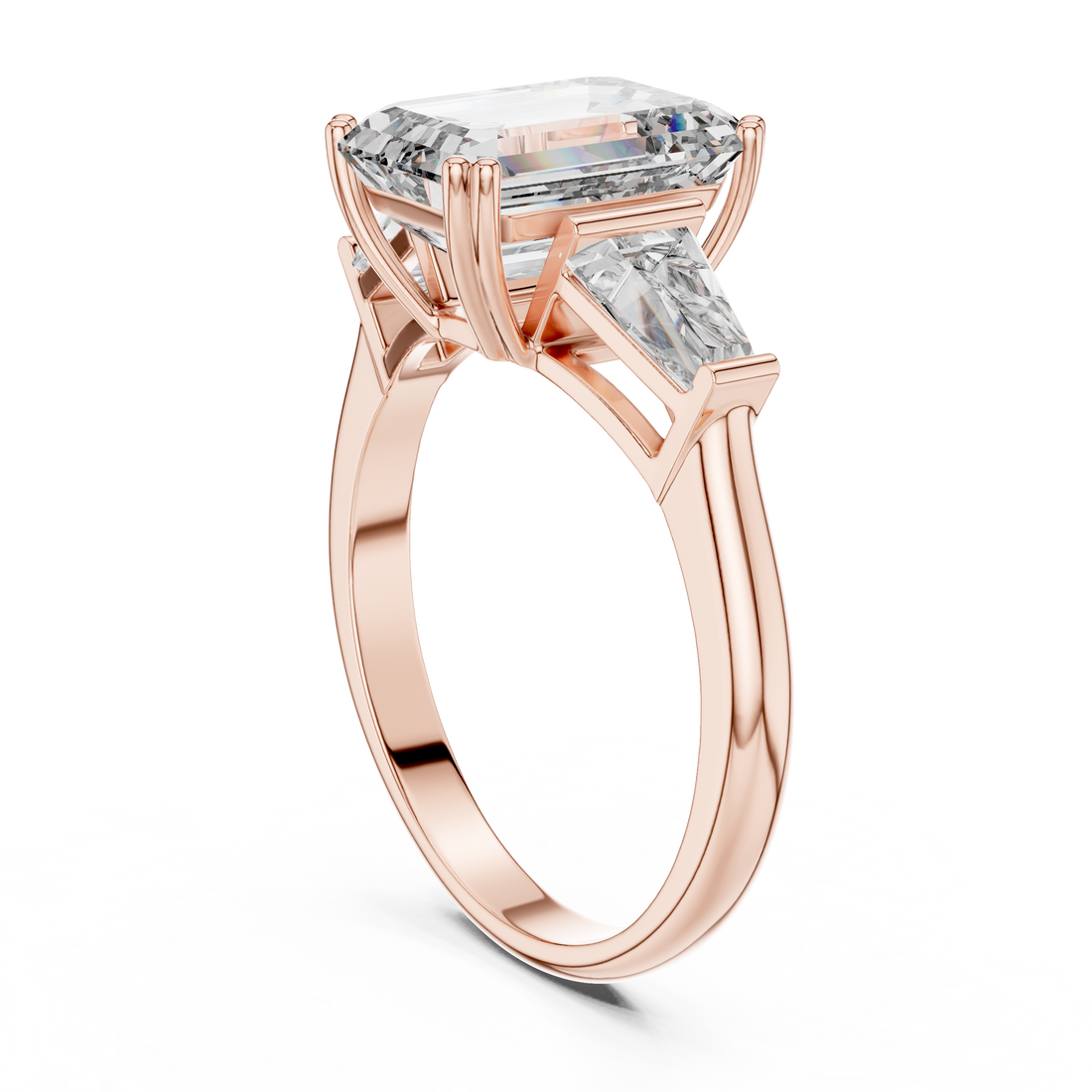 Rose gold ring with a large diamond and smaller diamonds on a white background
