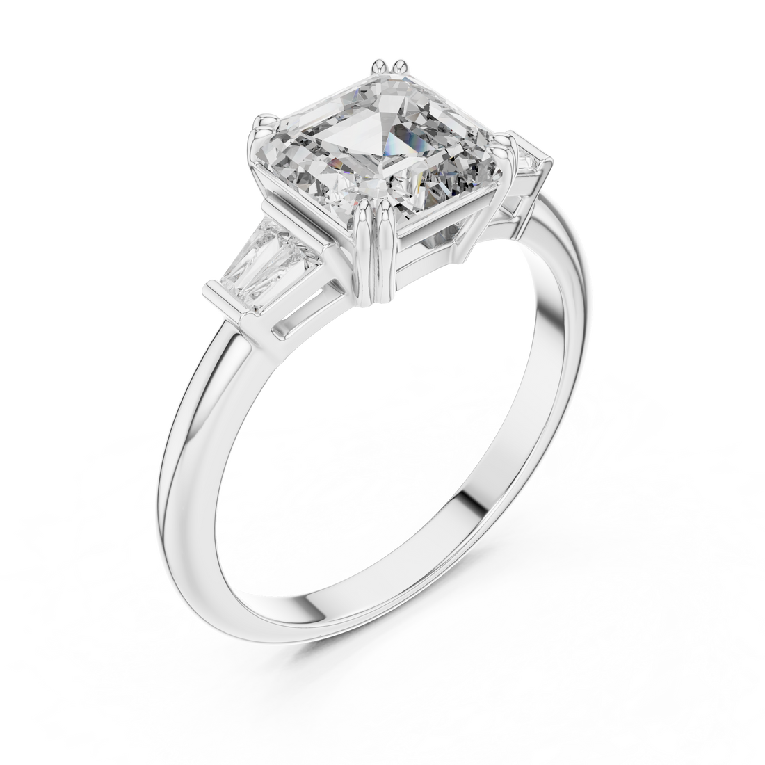 Diamond ring with a central square-cut diamond and two baguette diamonds on a white background