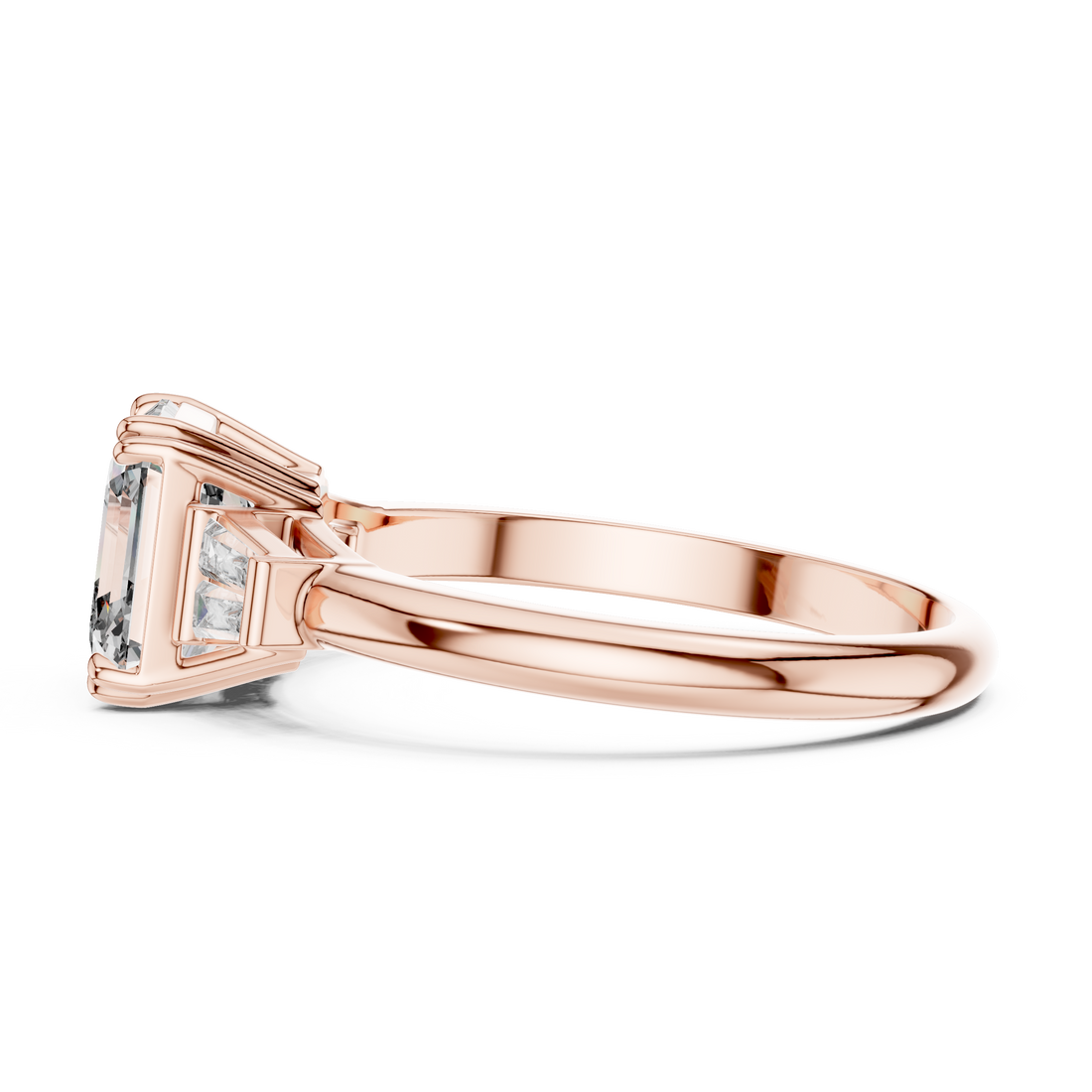 Rose gold ring with diamond accents on a white background