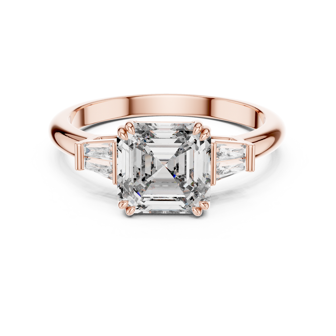 Rose gold ring with a large diamond and smaller diamonds on the sides against a white background