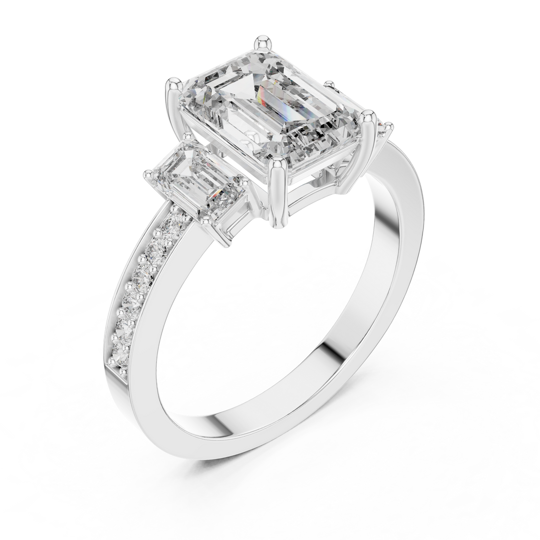 Diamond ring with emerald-cut and baguette-cut diamonds on a white background
