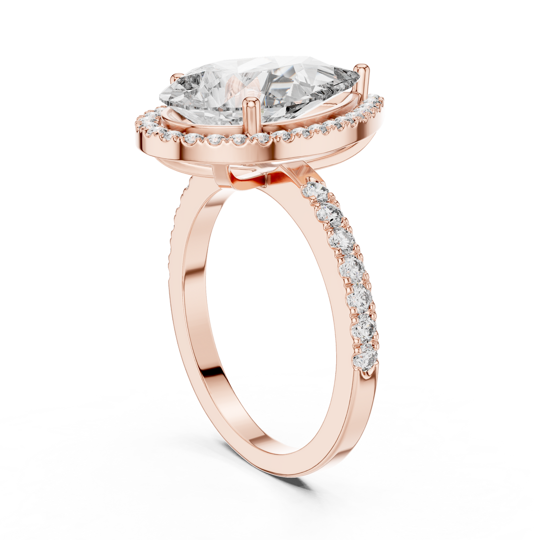 Rose gold ring with a large diamond and smaller diamonds on the band against a white background