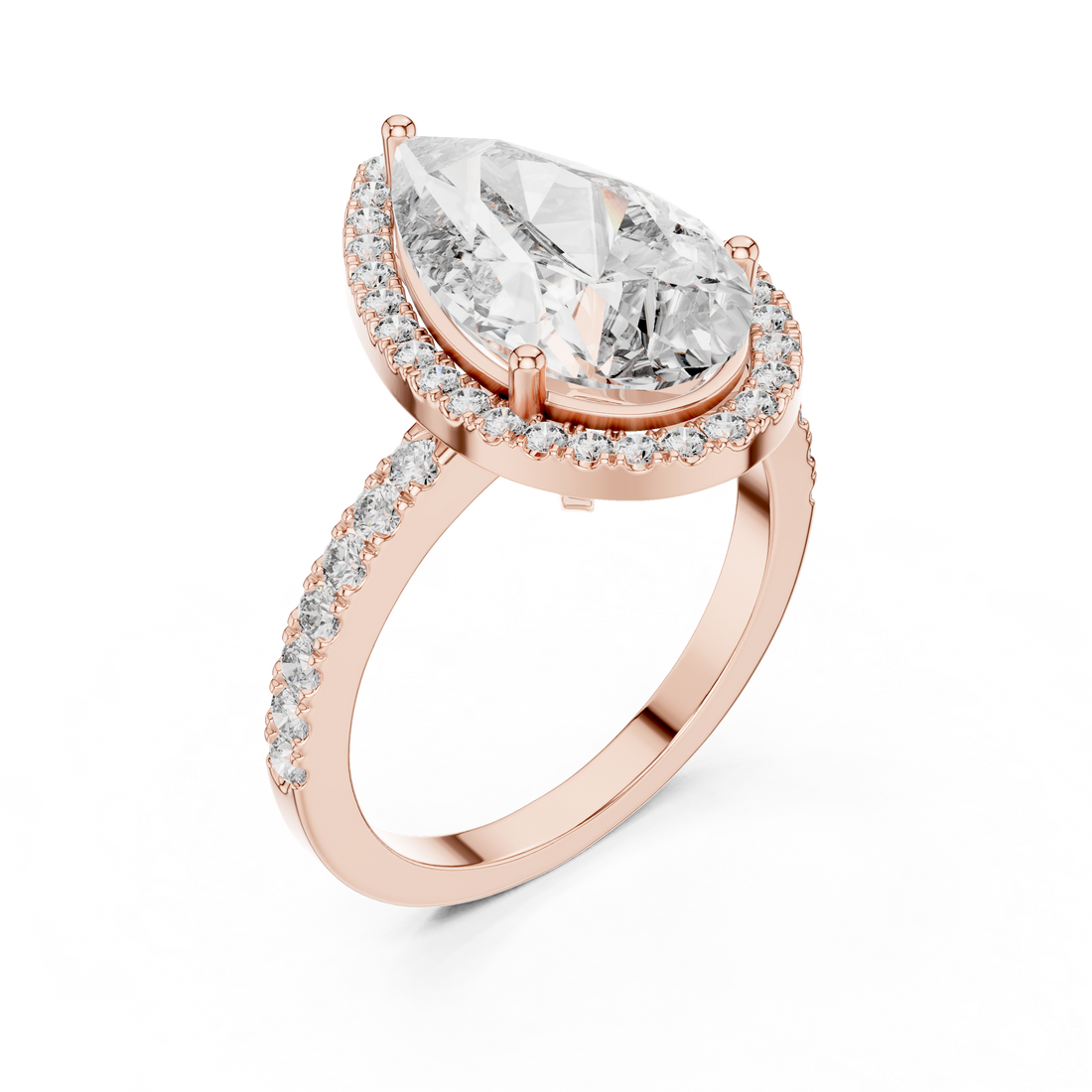 Rose gold ring with a large diamond and smaller diamonds on a white background