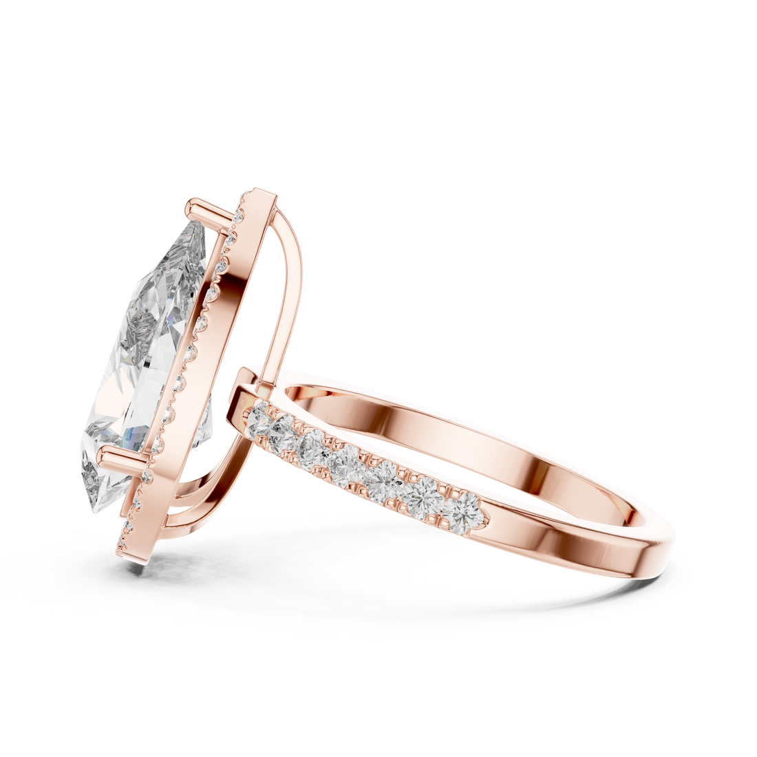Rose gold ring with a large diamond and smaller diamonds on the band against a white background