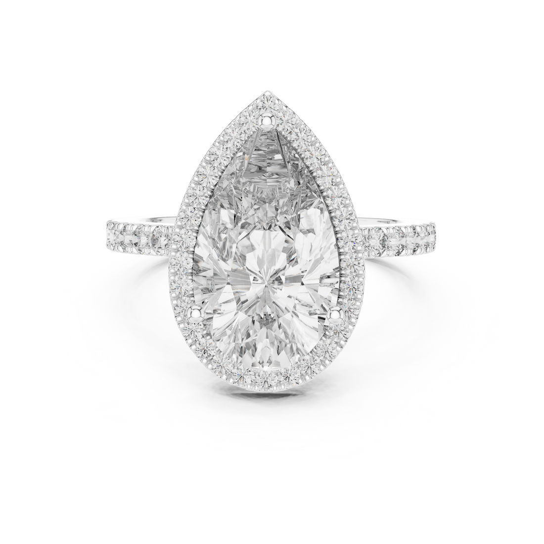 Diamond ring with a pear-shaped center stone on a white background